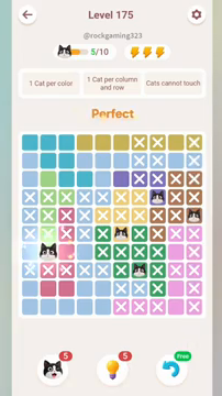 Meowdoku Level 175 step 5 screenshot showing the cat placement at B7 with 5 of 10 cats visible on the board.
