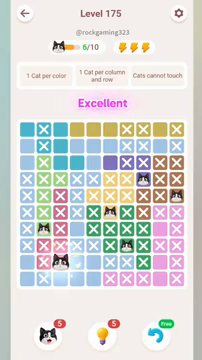 Meowdoku Level 175 step 6 screenshot showing the cat placement at C9 with 6 of 10 cats visible on the board.