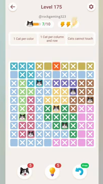 Meowdoku Level 175 step 7 screenshot showing the cat placement at D3 with 7 of 10 cats visible on the board.