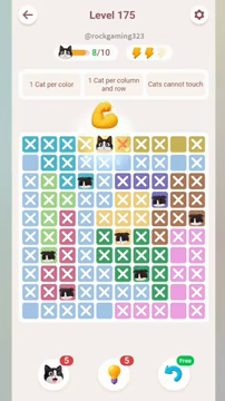 Meowdoku Level 175 step 8 screenshot showing the cat placement at E1 with 8 of 10 cats visible on the board.