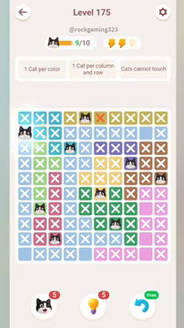 Meowdoku Level 175 step 9 screenshot showing the cat placement at A2 with 9 of 10 cats visible on the board.