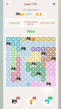 Meowdoku Level 175 step 10 screenshot showing the cat placement at I10 with 10 of 10 cats visible on the board.