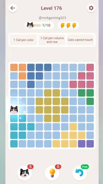 Meowdoku Level 176 step 1 screenshot showing the cat placement at A6 with 1 of 10 cats visible on the board.