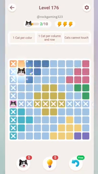 Meowdoku Level 176 step 2 screenshot showing the cat placement at B2 with 2 of 10 cats visible on the board.