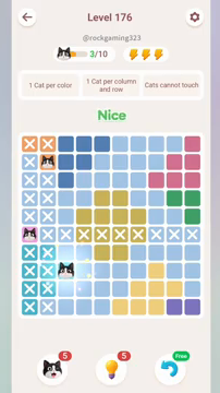 Meowdoku Level 176 step 3 screenshot showing the cat placement at C8 with 3 of 10 cats visible on the board.