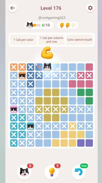Meowdoku Level 176 step 4 screenshot showing the cat placement at E1 with 4 of 10 cats visible on the board.