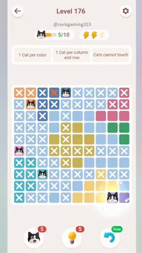 Meowdoku Level 176 step 5 screenshot showing the cat placement at I10 with 5 of 10 cats visible on the board.