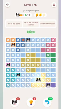 Meowdoku Level 176 step 6 screenshot showing the cat placement at G9 with 6 of 10 cats visible on the board.