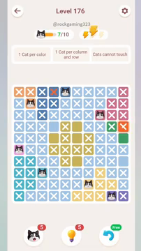 Meowdoku Level 176 step 7 screenshot showing the cat placement at H3 with 7 of 10 cats visible on the board.