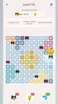 Meowdoku Level 176 step 8 screenshot showing the cat placement at J5 with 8 of 10 cats visible on the board.