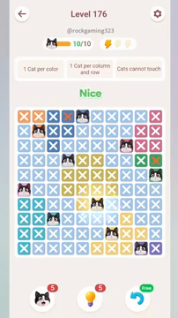 Meowdoku Level 176 step 10 screenshot showing the cat placement at F7 with 10 of 10 cats visible on the board.
