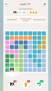 Meowdoku Level 177 step 1 screenshot showing the cat placement at B9 with 1 of 9 cats visible on the board.