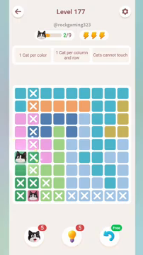 Meowdoku Level 177 step 2 screenshot showing the cat placement at A6 with 2 of 9 cats visible on the board.