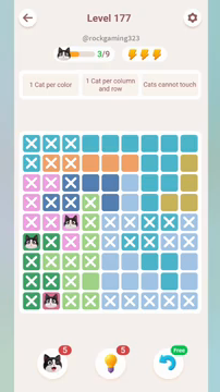 Meowdoku Level 177 step 3 screenshot showing the cat placement at C5 with 3 of 9 cats visible on the board.