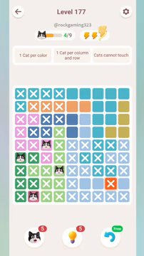 Meowdoku Level 177 step 4 screenshot showing the cat placement at D7 with 4 of 9 cats visible on the board.
