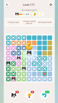 Meowdoku Level 177 step 5 screenshot showing the cat placement at E4 with 5 of 9 cats visible on the board.