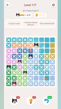 Meowdoku Level 177 step 6 screenshot showing the cat placement at F2 with 6 of 9 cats visible on the board.