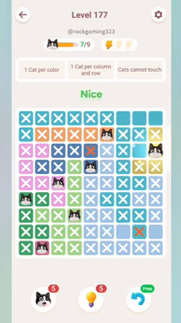 Meowdoku Level 177 step 7 screenshot showing the cat placement at I3 with 7 of 9 cats visible on the board.