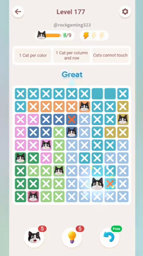 Meowdoku Level 177 step 8 screenshot showing the cat placement at G8 with 8 of 9 cats visible on the board.
