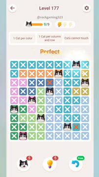 Meowdoku Level 177 step 9 screenshot showing the cat placement at H1 with 9 of 9 cats visible on the board.
