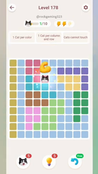 Meowdoku Level 178 step 1 screenshot showing the cat placement at E3 with 1 of 10 cats visible on the board.