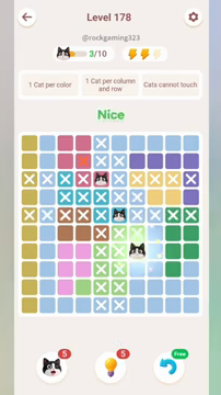 Meowdoku Level 178 step 3 screenshot showing the cat placement at G7 with 3 of 10 cats visible on the board.