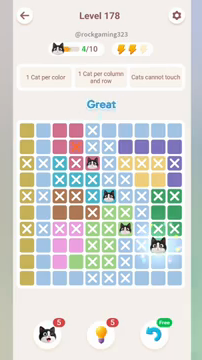 Meowdoku Level 178 step 4 screenshot showing the cat placement at I8 with 4 of 10 cats visible on the board.