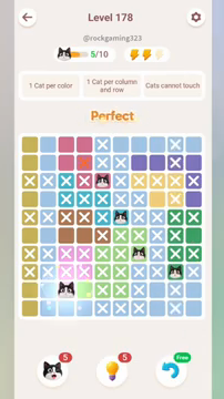 Meowdoku Level 178 step 5 screenshot showing the cat placement at C9 with 5 of 10 cats visible on the board.