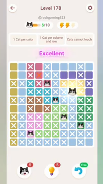 Meowdoku Level 178 step 6 screenshot showing the cat placement at H4 with 6 of 10 cats visible on the board.