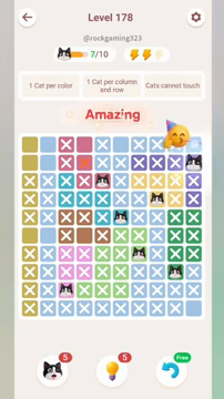 Meowdoku Level 178 step 7 screenshot showing the cat placement at J2 with 7 of 10 cats visible on the board.