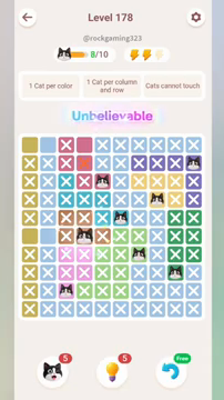 Meowdoku Level 178 step 8 screenshot showing the cat placement at D6 with 8 of 10 cats visible on the board.