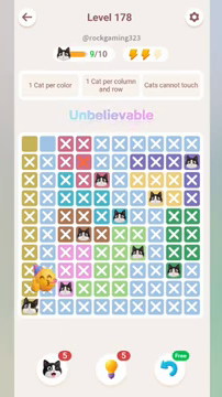 Meowdoku Level 178 step 9 screenshot showing the cat placement at A10 with 9 of 10 cats visible on the board.