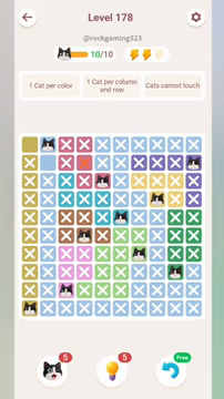Meowdoku Level 178 step 10 screenshot showing the cat placement at B1 with 10 of 10 cats visible on the board.