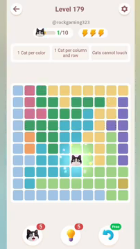 Meowdoku Level 179 step 1 screenshot showing the cat placement at F7 with 1 of 10 cats visible on the board.