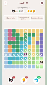 Meowdoku Level 179 step 2 screenshot showing the cat placement at J9 with 2 of 10 cats visible on the board.