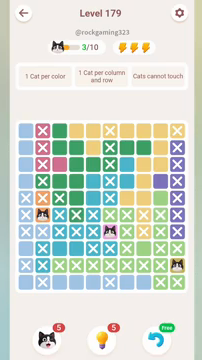 Meowdoku Level 179 step 3 screenshot showing the cat placement at B6 with 3 of 10 cats visible on the board.
