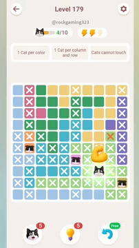 Meowdoku Level 179 step 4 screenshot showing the cat placement at H8 with 4 of 10 cats visible on the board.