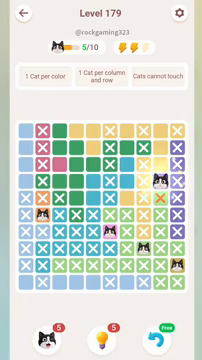 Meowdoku Level 179 step 5 screenshot showing the cat placement at I4 with 5 of 10 cats visible on the board.