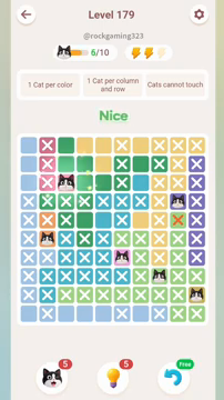 Meowdoku Level 179 step 6 screenshot showing the cat placement at C3 with 6 of 10 cats visible on the board.
