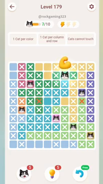 Meowdoku Level 179 step 7 screenshot showing the cat placement at G2 with 7 of 10 cats visible on the board.