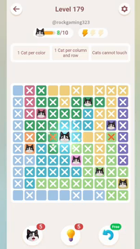Meowdoku Level 179 step 8 screenshot showing the cat placement at E5 with 8 of 10 cats visible on the board.