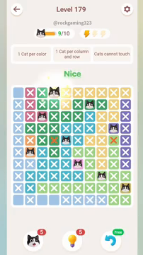 Meowdoku Level 179 step 9 screenshot showing the cat placement at D1 with 9 of 10 cats visible on the board.