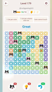 Meowdoku Level 179 step 10 screenshot showing the cat placement at A10 with 10 of 10 cats visible on the board.