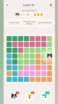 Meowdoku Level 181 step 1 screenshot showing the cat placement at H4 with 1 of 8 cats visible on the board.
