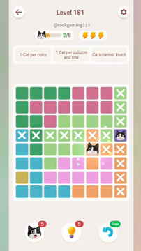 Meowdoku Level 181 step 2 screenshot showing the cat placement at F5 with 2 of 8 cats visible on the board.