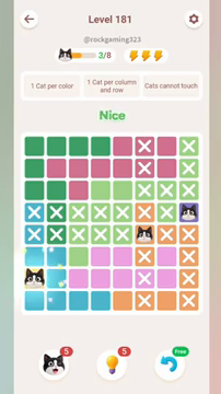 Meowdoku Level 181 step 3 screenshot showing the cat placement at A7 with 3 of 8 cats visible on the board.