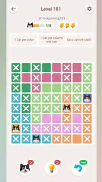 Meowdoku Level 181 step 4 screenshot showing the cat placement at C8 with 4 of 8 cats visible on the board.