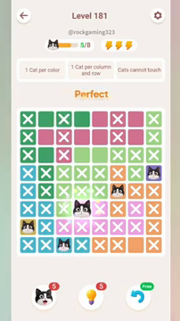 Meowdoku Level 181 step 5 screenshot showing the cat placement at D6 with 5 of 8 cats visible on the board.