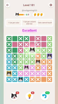 Meowdoku Level 181 step 6 screenshot showing the cat placement at E3 with 6 of 8 cats visible on the board.