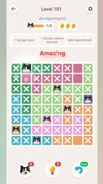 Meowdoku Level 181 step 7 screenshot showing the cat placement at B1 with 7 of 8 cats visible on the board.